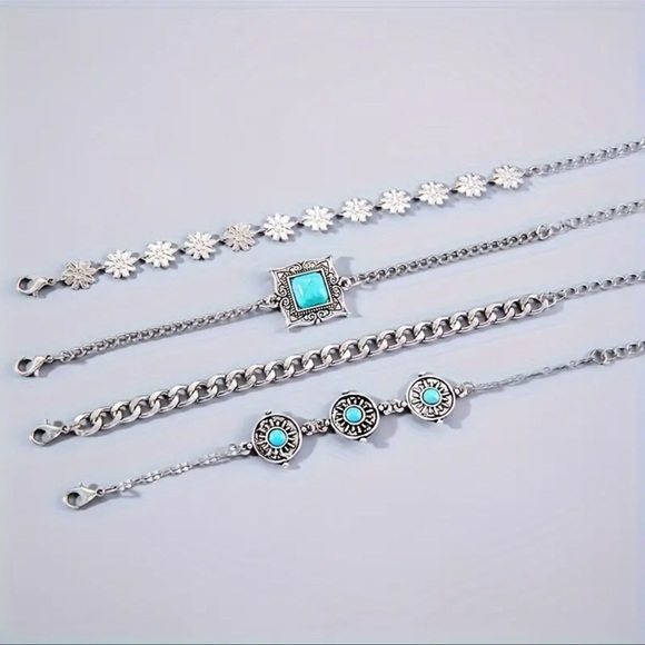 Vintage Boho 4-Piece Bracelet Set, Turquoise Inlay, Cuban Chain - Picture 3 of 5